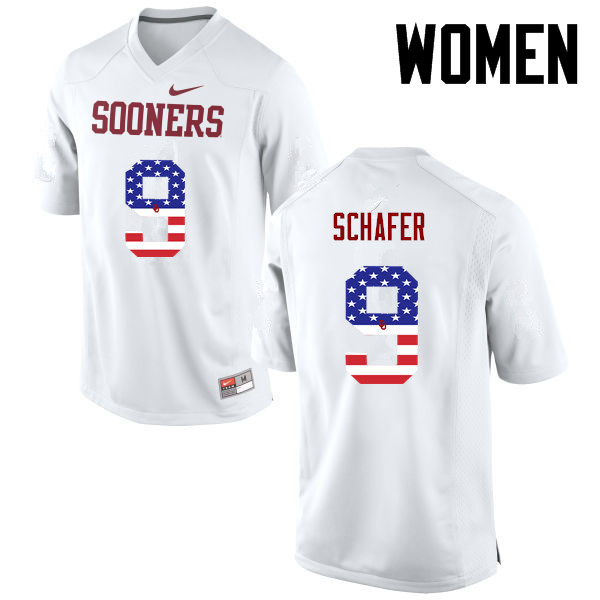 Women Oklahoma Sooners #9 Tanner Schafer College Football USA Flag Fashion Jerseys-White - Click Image to Close